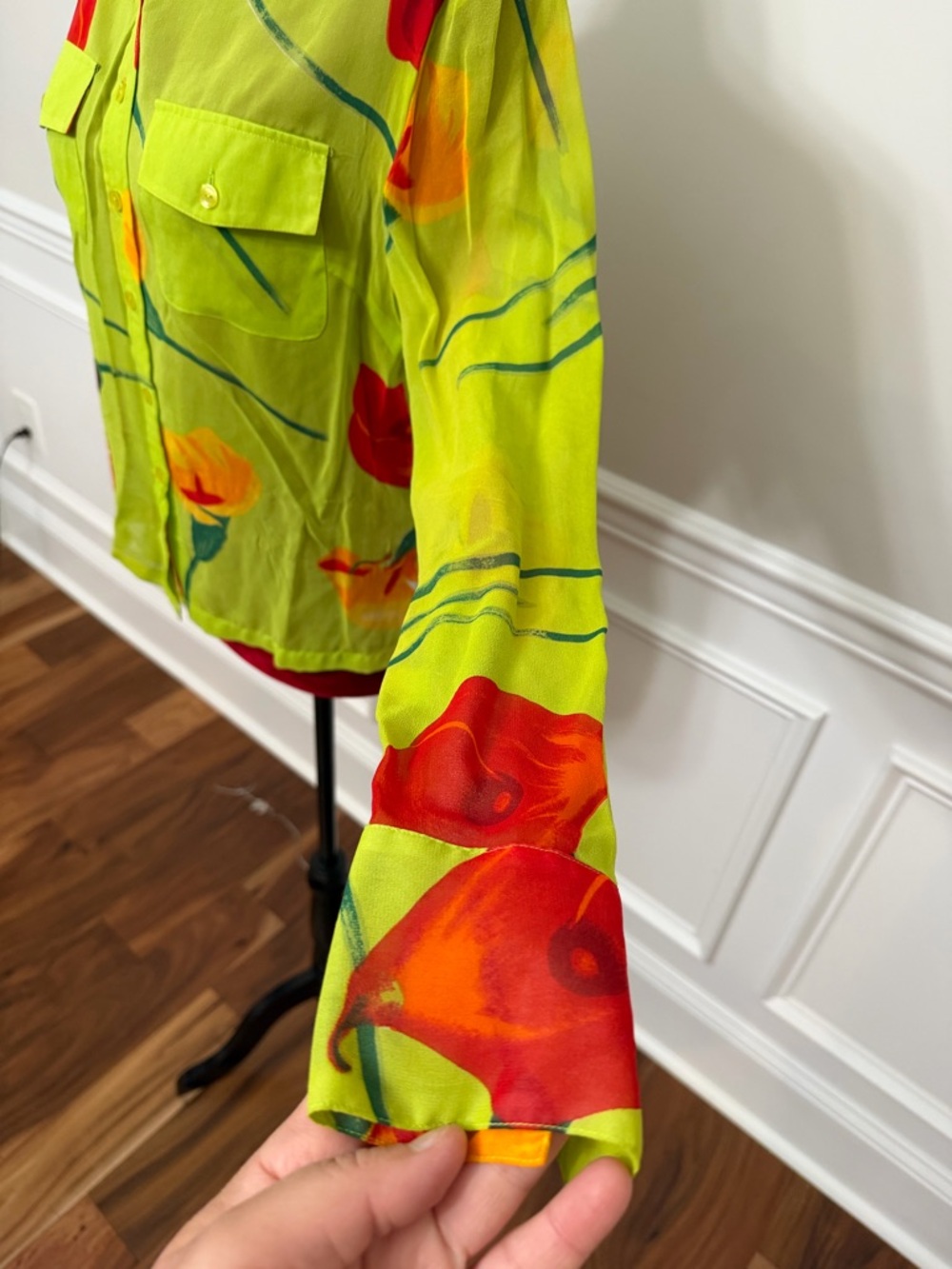 Vintage Caché 100% Silk Blouse M Lime Green Orange Poppy Floral Sheer Y2K 90s - Picture 5 of 8